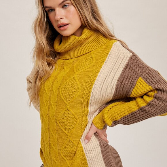 HEM & THREAD Mustard Brown Cream Colorblock Turtleneck Sweater, Chunky Cable - Picture 8 of 9
